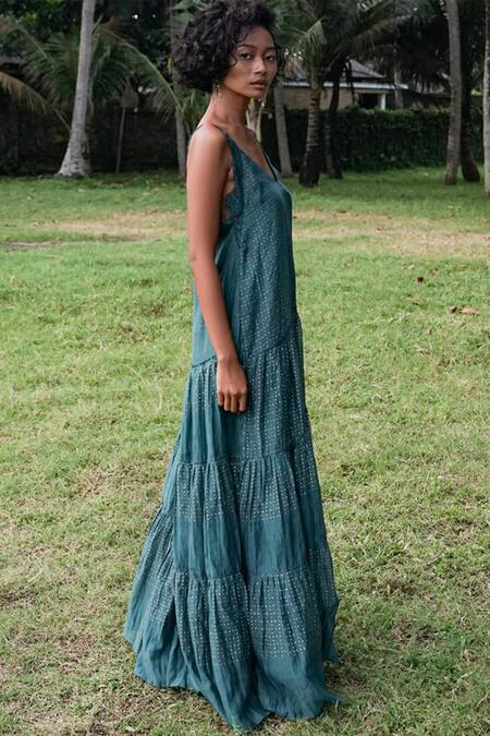 Baju_Green 40% , 60% , Chanderi Polka Tulle Tiered Gown_at_Aza_Fashions