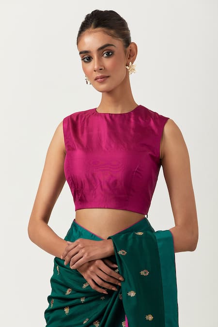 Label Earthen_Green Chanderi Silk, Chiffon Embroidery Round Neck Hazzarbuti Saree With Blouse _at_Aza_Fashions