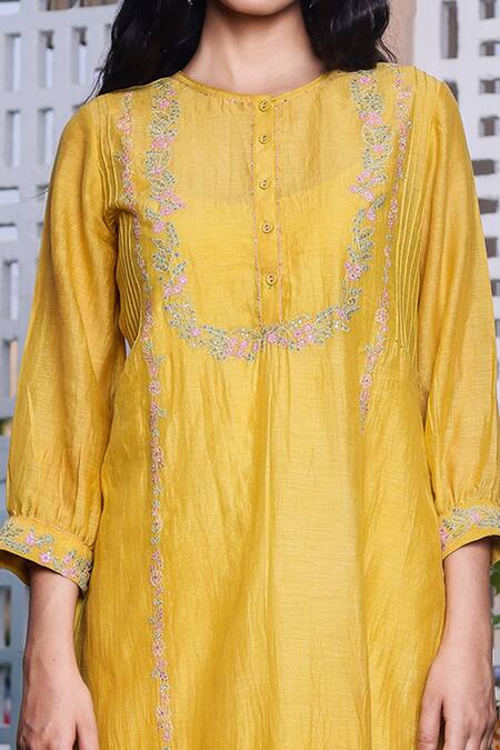 Tatwa_Yellow Handloom Cotton, Viscose, Silk Embroidery Round Resham Kurta And Pant Set _at_Aza_Fashions
