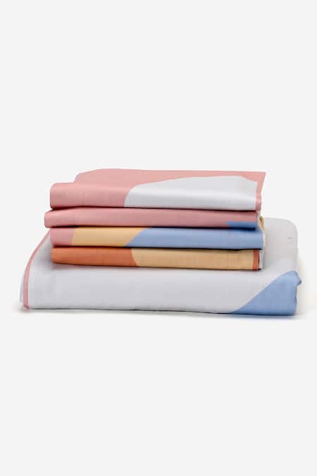 Kyoona_Blue 100% Cotton, Satin Weave Semi Polka Phases Of Moon Bedcover Set_at_Aza_Fashions