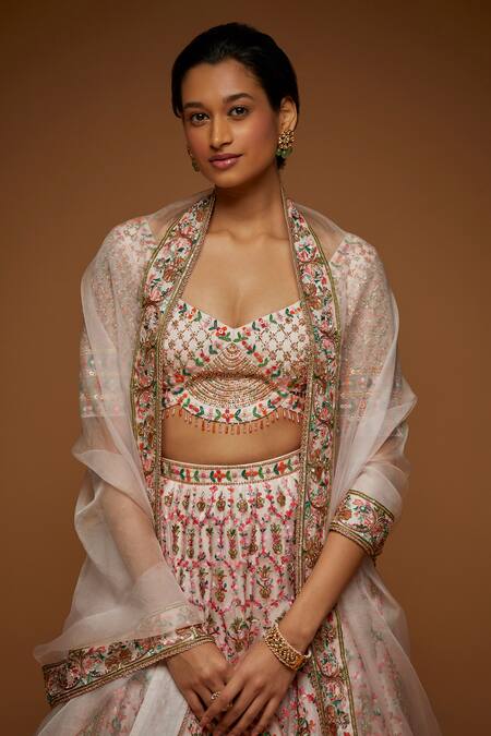 Neeta Lulla_Pink Tulle Sequin, Thread And Beads V Bahar Floral Embroidered Bridal Lehenga Set_at_Aza_Fashions