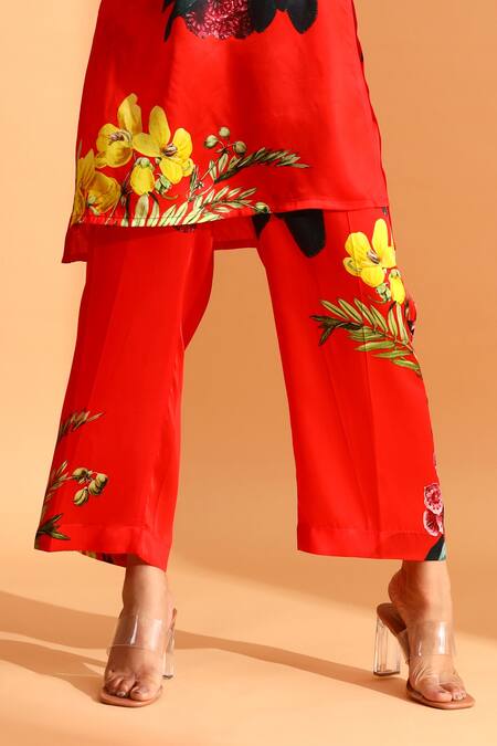 Moh India_Red Cotton, Silk Keyhole Neck Flower Printed Tunic And Trouser Set_at_Aza_Fashions
