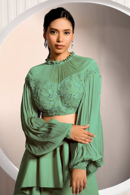 Jade By Ashima_Green Chiffon, Crepe Mirrors, Ruffles Turtle Neck Bouquet Blouse And Skirt Set _at_Aza_Fashions