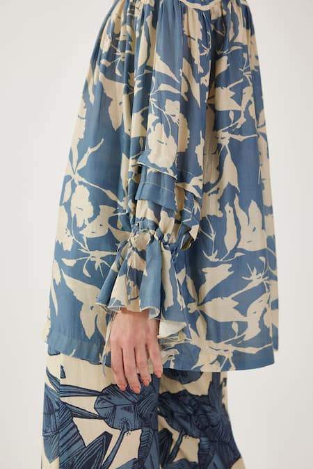 Koai_Sky Blue Cotton, Silk Embroidery High Neck Floral Print Shirt _at_Aza_Fashions