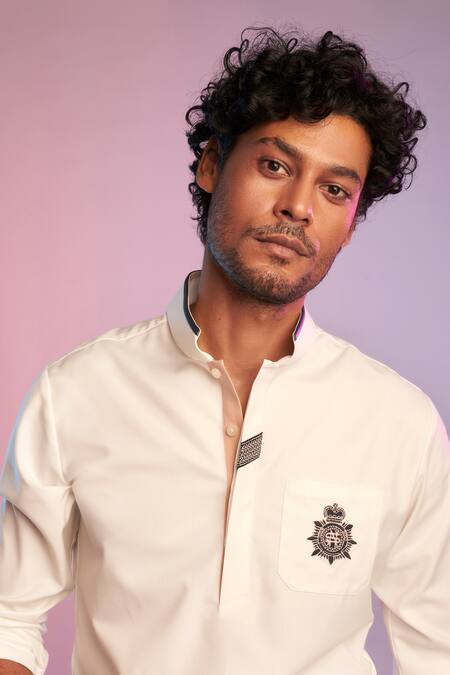 S&N By Shantnu Nikhil_White Terylene Crested Short Kurta_at_Aza_Fashions