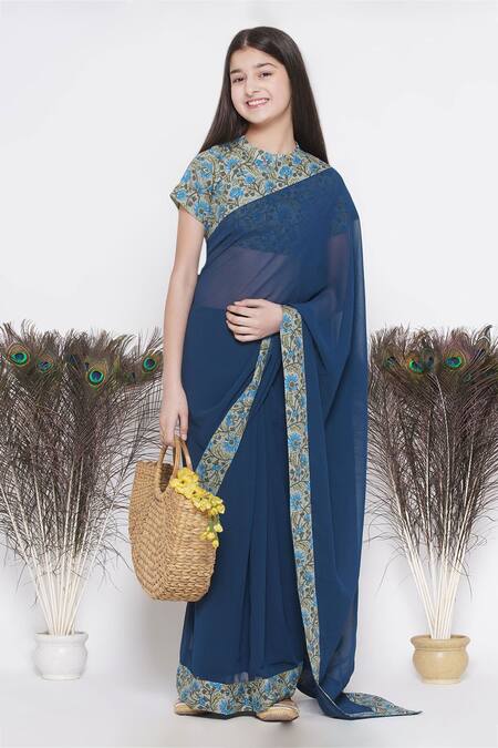 Buy_Little Bansi_Blue Georgette, Cotton Embroidery Pre-draped Saree With Blouse_Online_at_Aza_Fashions