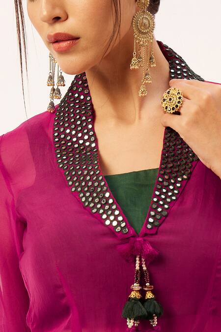 Buy_Zariya The Label_Pink Muslin Round Neck Asymmetric Sheer Cape Flared Pant Set _Online_at_Aza_Fashions