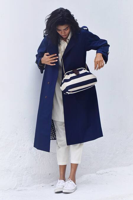 Kharakapas Blue Poplin Collared Sage Trench Coat at Aza Fashions Kharakapas_Blue Poplin Collared Sage Trench Coat_at_Aza_Fashions