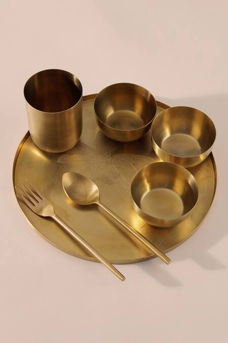 Table Manners_Gold Brass Thali Set_at_Aza_Fashions