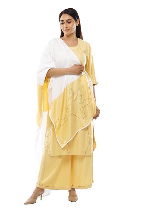 Khat_Yellow Tencel Embroidery Square Neck Abstract Kurta Palazzo Set _at_Aza_Fashions