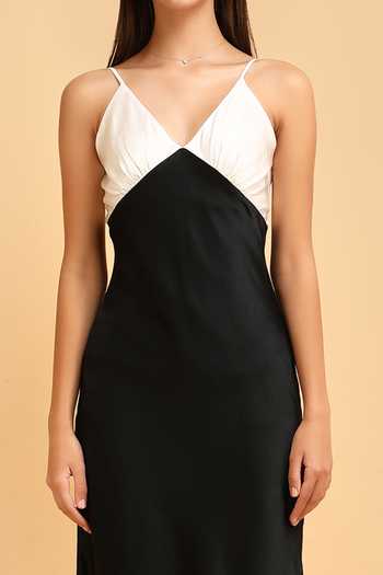 Label Ivish_Black Silk, Satin Plunge Neck Color Block Dress _at_Aza_Fashions