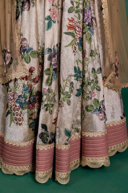 Varun Bahl_Beige Organza, Net, Chanderi Embroidery, Sequins Floral Printed Lehenga Set _at_Aza_Fashions