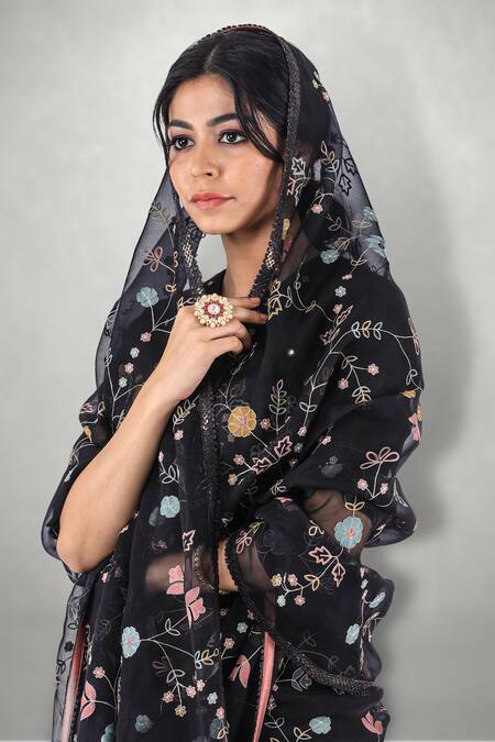 Shop_I Am Design_Black Silk Organza Aari Crew Neck Floral Embroidered Saree _Online_at_Aza_Fashions