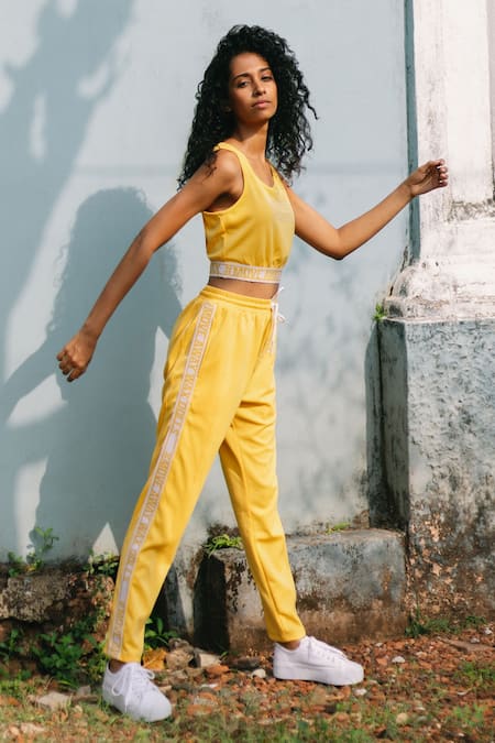 House Of Fett_Yellow Neoprene, Polyester Embroidery Round Neck Scuba Crop Top_at_Aza_Fashions