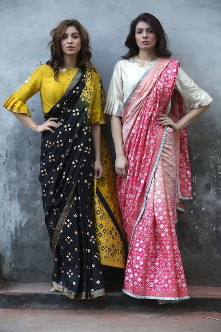 I Am Design_Pink Silk Ikat Print Ruffle Border Saree _at_Aza_Fashions