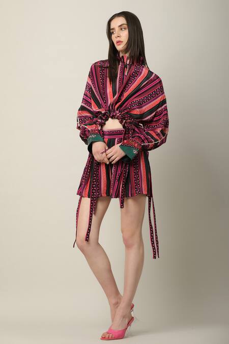 Shop Limerick By Abirr N' Nanki Multi Color Crepe Tassels Round Neck Jolene Stripe Print Draped Top Online at Aza Fashions Shop_Limerick By Abirr N' Nanki_Multi Color Crepe Tassels Round Neck Jolene Stripe Print Draped Top _Online_at_Aza_Fashions