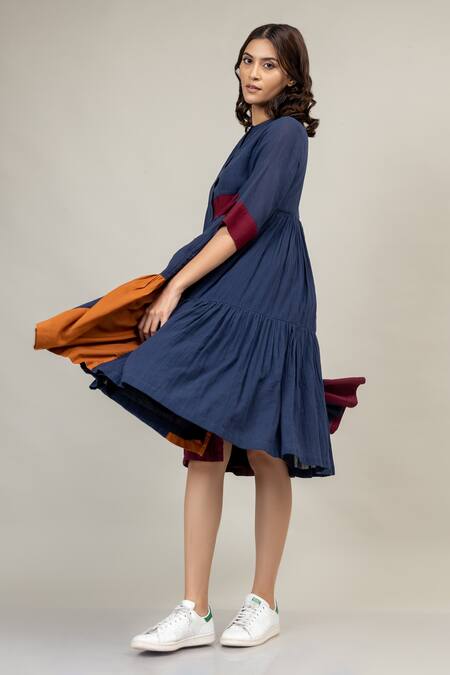 Shop Doodlage Blue Cotton Round Neck Seville Tiered Dress Online at Aza Fashions Shop_Doodlage_Blue Cotton Round Neck Seville Tiered Dress _Online_at_Aza_Fashions