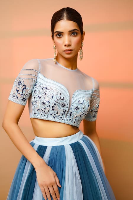 Shop Ahi Clothing Blue Net, Linen Embroidery Round Neck Hand Blouse And Skirt Set Online at Aza Fashions Shop_Ahi Clothing_Blue Net, Linen Embroidery Round Neck Hand Blouse And Skirt Set _Online_at_Aza_Fashions