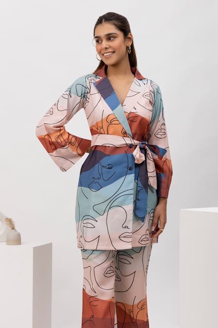 Dawn And Dusk Multi Color Cotton V-neck Gradient Frost Printed Blazer Set at Aza Fashions Dawn And Dusk_Multi Color Cotton V-neck Gradient Frost Printed Blazer Set_at_Aza_Fashions