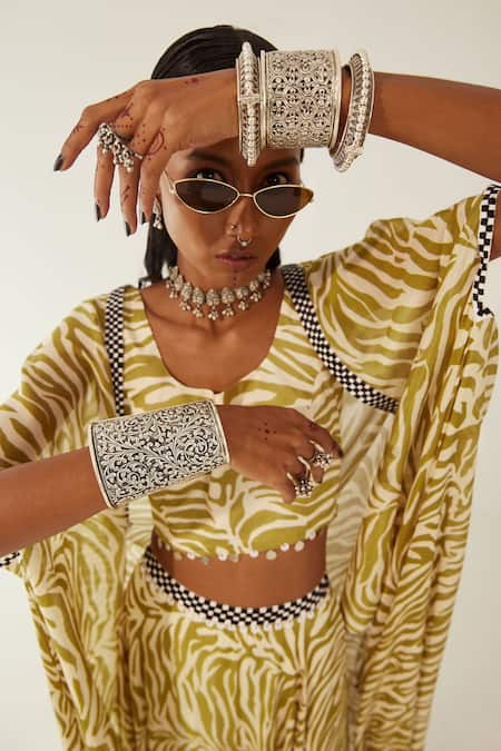 Amka_Green Chiffon Embroidery Square Neck Nicobar Leopard Print Cape Lehenga Set_at_Aza_Fashions