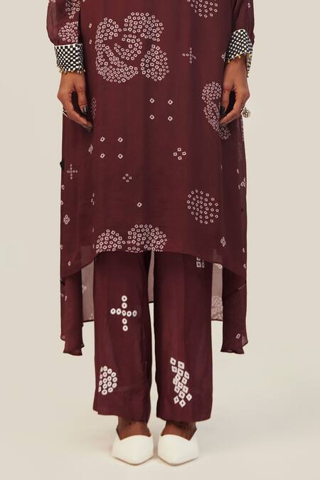 Shop Amka Maroon Chiffon Tassels Round Neck Gul Printed Kurta And Pant Set Online at Aza Fashions Shop_Amka_Maroon Chiffon Tassels Round Neck Gul Printed Kurta And Pant Set_Online_at_Aza_Fashions