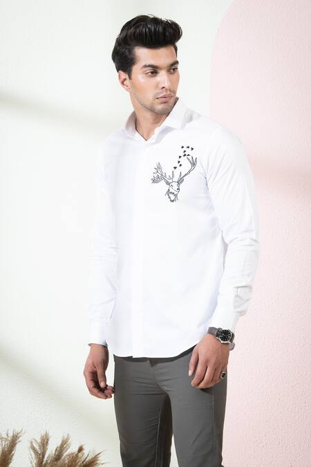 Hilo Design_White Cotton Embroidery Bianco Reindeer Shirt _at_Aza_Fashions