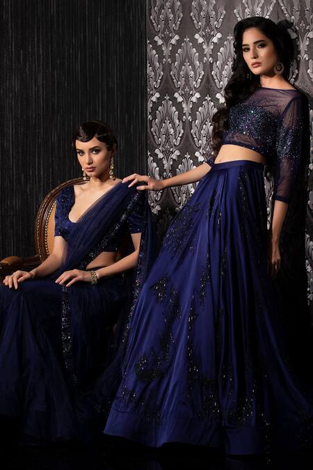 Shilpi Gupta_Blue Net, Silk Satin Sequins, Cut Work Cutdana Embroidered Blouse And Lehenga Set _at_Aza_Fashions