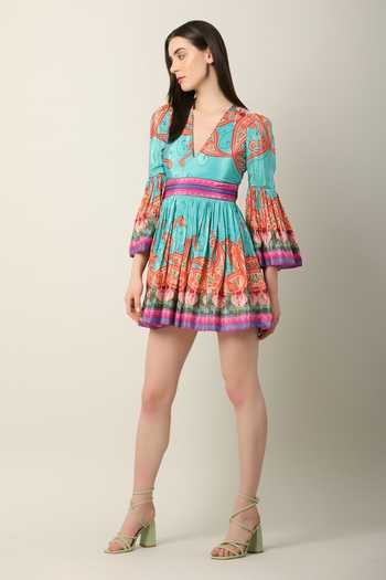 Limerick By Abirr N' Nanki_Multi Color Crepe V-neck Zeel Fit And Flare Dress _at_Aza_Fashions