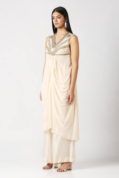 Shop_Labbada_Ivory Kurta Viscose Georgette Hand Embroidered Centre Draped And Palazzo Set_Online_at_Aza_Fashions