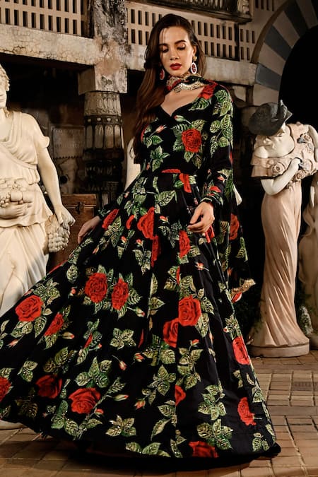 Shop_Sanam_Black Silk Sequins Asymmetric Fleur Rose Pattern Anarkali With Dupatta _Online_at_Aza_Fashions