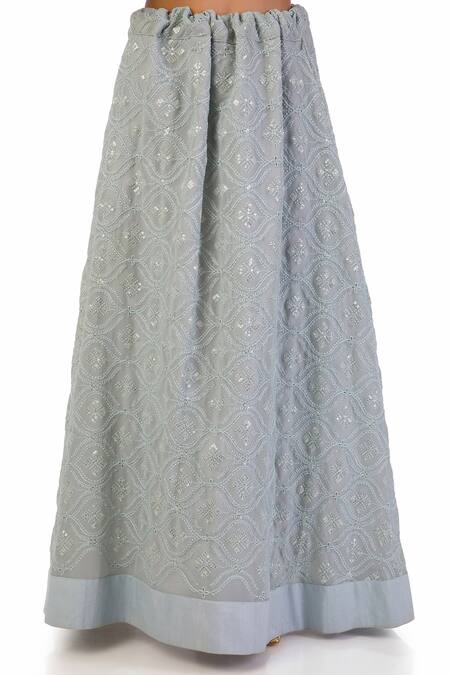 Meghna Shah_Grey Georgette, Chiffon Sequins, Embroidery Textured Pattern Top And Skirt Set_at_Aza_Fashions