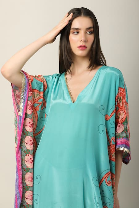 Shop_Limerick By Abirr N' Nanki_Multi Color Crepe Embroidery Plunge Neck Danya Paisley Print Kaftan _Online_at_Aza_Fashions