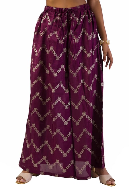 Meghna Shah Wine Denim Beads, Stones Round Neck Embroidered Kurta With Printed Palazzo Set at Aza Fashions Meghna Shah_Wine Denim Beads, Stones Round Neck Embroidered Kurta With Printed Palazzo Set _at_Aza_Fashions