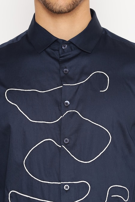 Lacquer Embassy_Navy Cotton Satin Embroidery Blue Abstract Shirt _at_Aza_Fashions