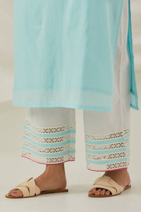 The Indian Cause_Blue Cotton Embroidery, Piping, Straight Kurta Set With Insert Contrast Dupatta_at_Aza_Fashions