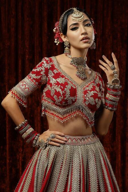 Shop Shikhar Sharma Red Silk, Georgette, Chanderi Beads, Tassels Ruby Embroidered Bridal Lehenga Set Online at Aza Fashions Shop_Shikhar Sharma_Red Silk, Georgette, Chanderi Beads, Tassels Ruby Embroidered Bridal Lehenga Set _Online_at_Aza_Fashions