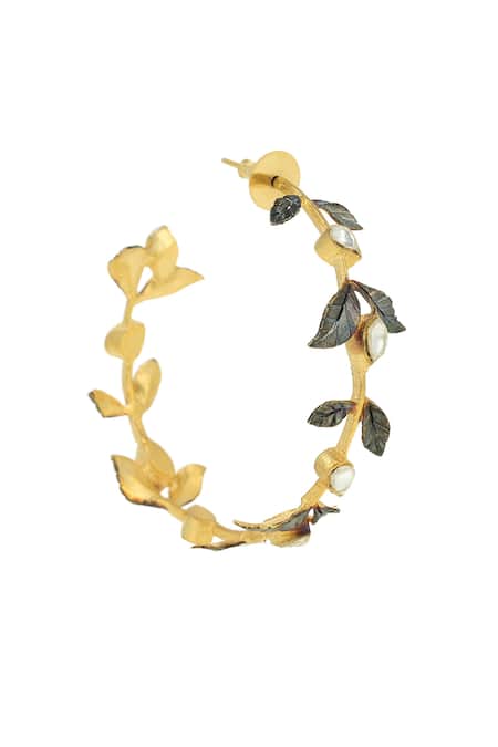 Ishhaara Gold Plated Embroidery Leaf Embellished Hoops at Aza Fashions Ishhaara_Gold Plated Embroidery Leaf Embellished Hoops _at_Aza_Fashions
