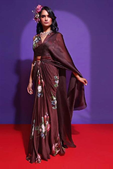 Shop Mahima Mahajan Brown Organza, Shantoon, Wrinkle Crepe Pre-stitched Printed Saree at Aza Fashions Shop_Mahima Mahajan_Brown Organza, Shantoon, Wrinkle Crepe Pre-stitched Printed Saree_at_Aza_Fashions