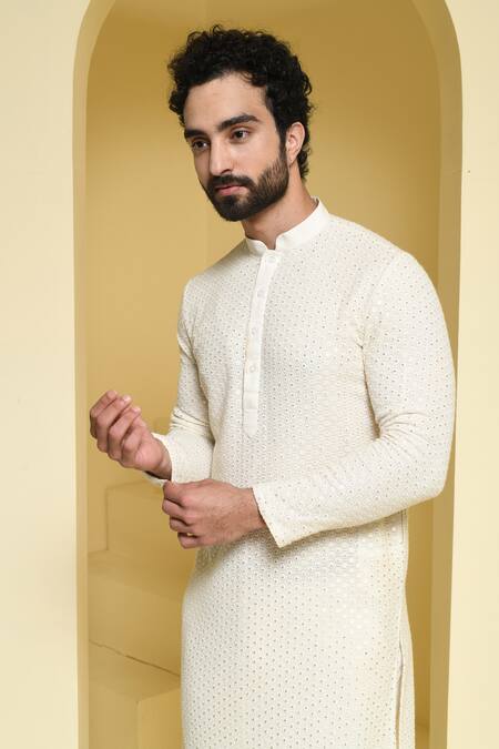 Kustomeyes_Ivory Cotton, Silk Sequins Embroidered Kurta And Pant Set _at_Aza_Fashions