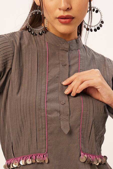 Shop_Zariya The Label_Grey Cotton Piping Mandarin Collar Pintuck Bodice Top _Online_at_Aza_Fashions