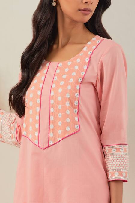 The Indian Cause_Peach Cotton Mirrors, Beads Round Neck Rooh Yoke Embroidered Kurta _at_Aza_Fashions