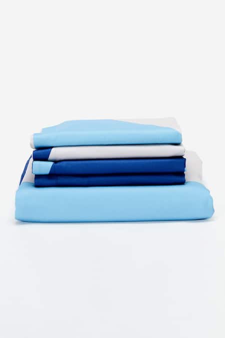 Kyoona_Blue 100% Cotton, Satin Weave Bold Scallop Pattern The Echo Ii Bedcover Set_at_Aza_Fashions