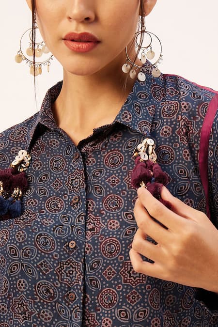 Zariya The Label_Blue Modal Tassels Shawl Neck Ajrakh Print Shirt And Pant Set _at_Aza_Fashions