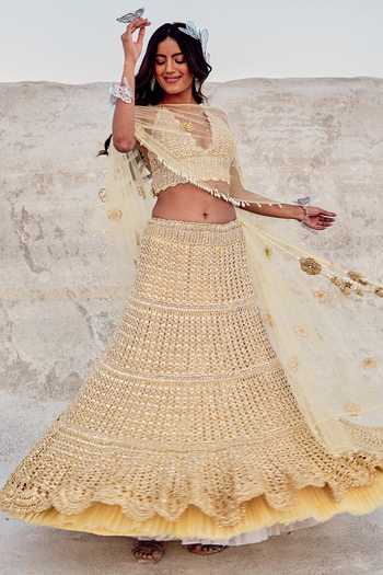 Nikita Vishakha Yellow Modal, Mohair Zari, Embroidery, Metallic Thread Mesh Blouse Lehenga Set at Aza Fashions Nikita Vishakha_Yellow Modal, Mohair Zari, Embroidery, Metallic Thread Mesh Blouse Lehenga Set _at_Aza_Fashions