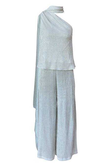 Dash And Dot_Silver 100% Polyester One Shoulder Draped Top And Pant Set_at_Aza_Fashions