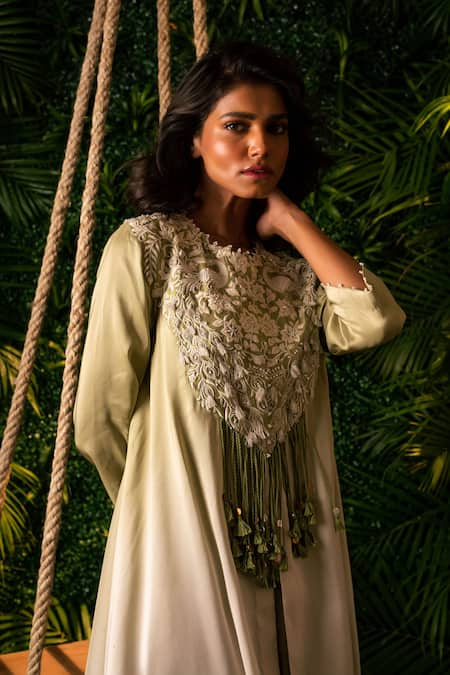 Shop Pallavi Poddar Green Silk Ombre Peacock Asymmetric Hem Cape And Dhoti Pant Set Online at Aza Fashions Shop_Pallavi Poddar_Green Silk Ombre Peacock Asymmetric Hem Cape And Dhoti Pant Set _Online_at_Aza_Fashions