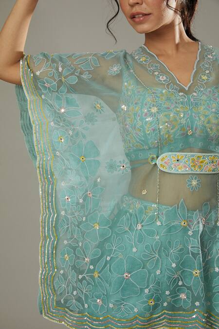 I Am Design Blue Raw , Organza Peppermint Candy Embroidered Palazzo Set With Kaftan at Aza Fashions I Am Design_Blue Raw , Organza Peppermint Candy Embroidered Palazzo Set With Kaftan _at_Aza_Fashions