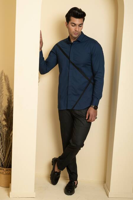 Shop_Hilo Design_Blue Poplin, Lycra Cross Reim Shirt _Online_at_Aza_Fashions