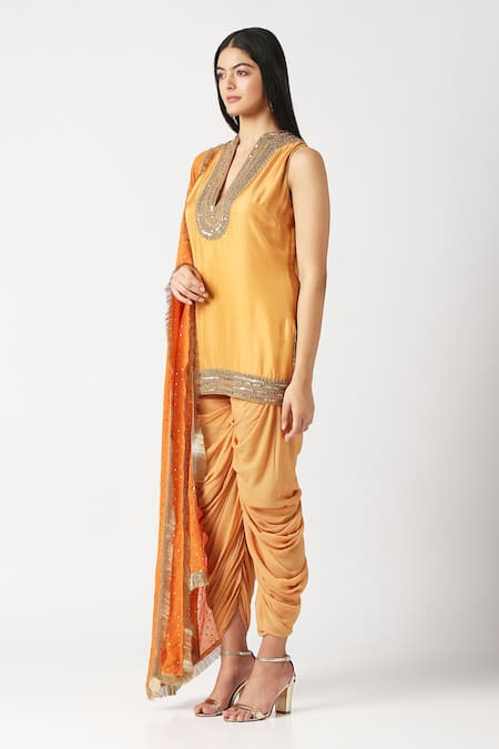 Shop_Labbada_Yellow Kurta Pure Silk Hand Embroidered Marodi V Neck Short Patiala Set_Online_at_Aza_Fashions
