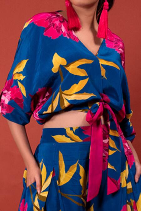 Shop_Rimi Nayak_Blue Modal, Crepe V-neck Chrysanthemum Flower Print Overlapped Top _Online_at_Aza_Fashions